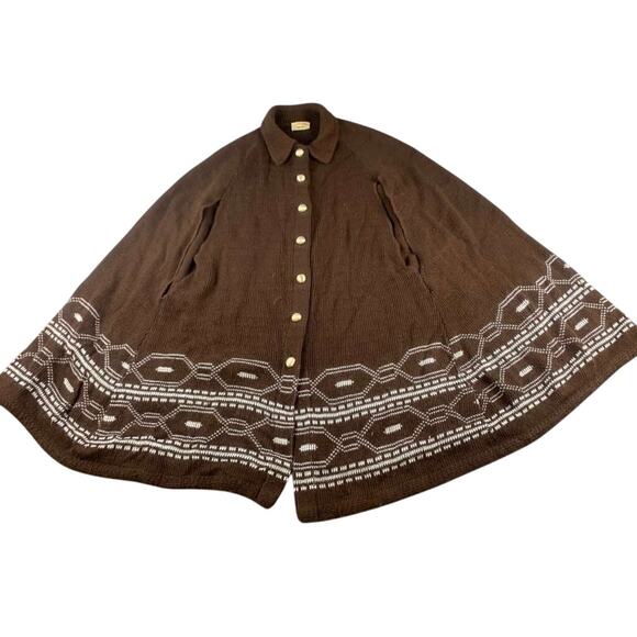 Vintage Sturbridge Cape Sweater Women L Brown Button Poncho Geometric Knit 70's - Picture 1 of 7
